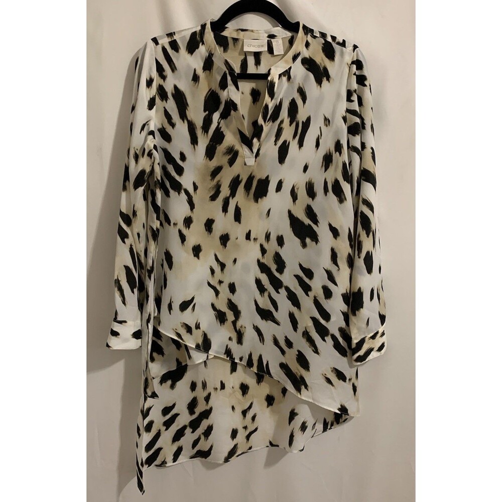 Chicos Size 0 Top Womens Small Tunic Animal Print Long Sleeve Asymmetrical Hem